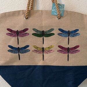 NWT Oversized Jute/Cotton Tote Bag, dark blue/natural w/dragonfly graphics
